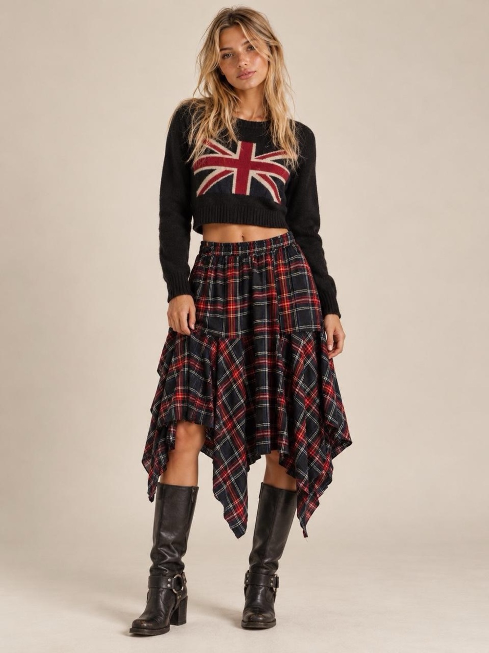 Asymmetrical Plaid Handkerchief Hem Skirt